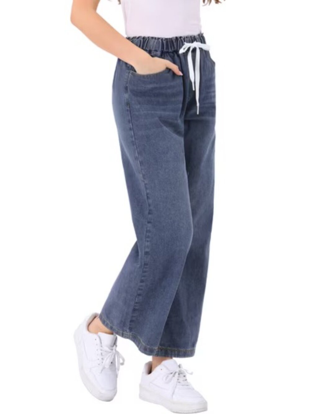 ✨ NWT INSPIRE CHIC Grey Blue Wide Leg Drawstring Jeans L - Picture 2 of 5